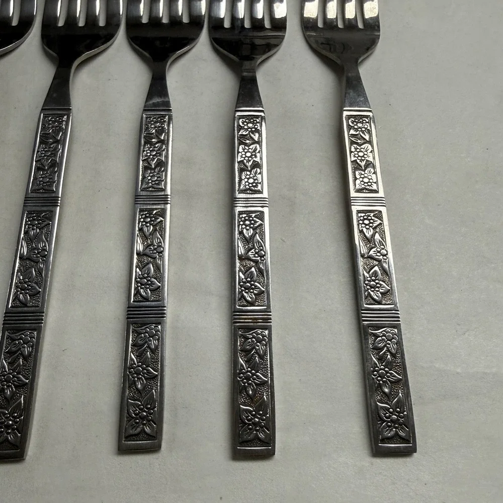 Vtg Dalmatia by Present 7 Salad/Dessert Forks Soup Spoon Japan Floral Flatware